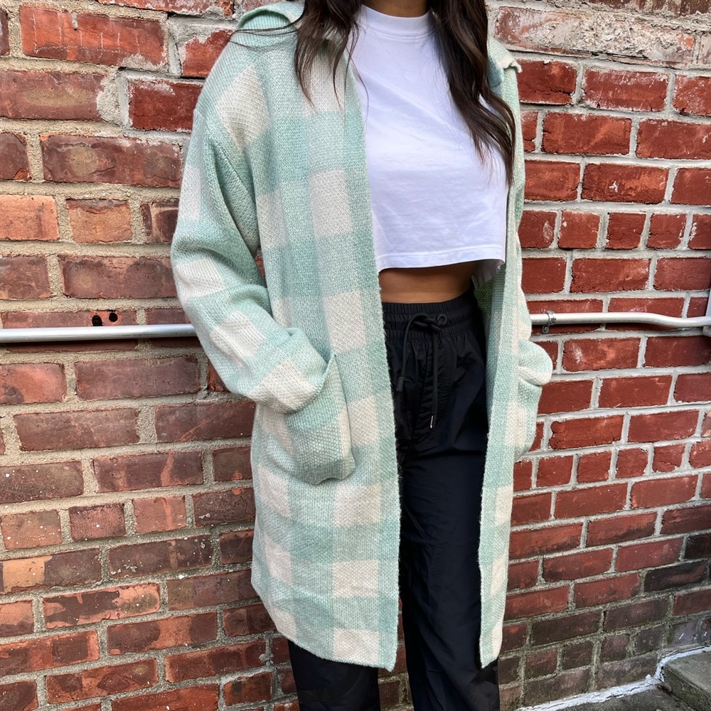 European Plaid Green and White Long Cardigan